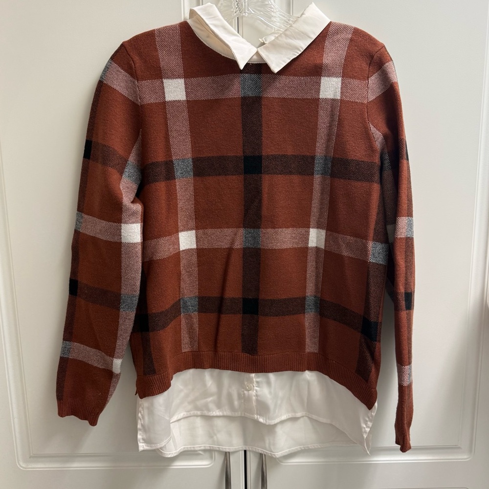 Tahari Preppy Double Layered Orange Plaid Collared Uniform Sweater Medium